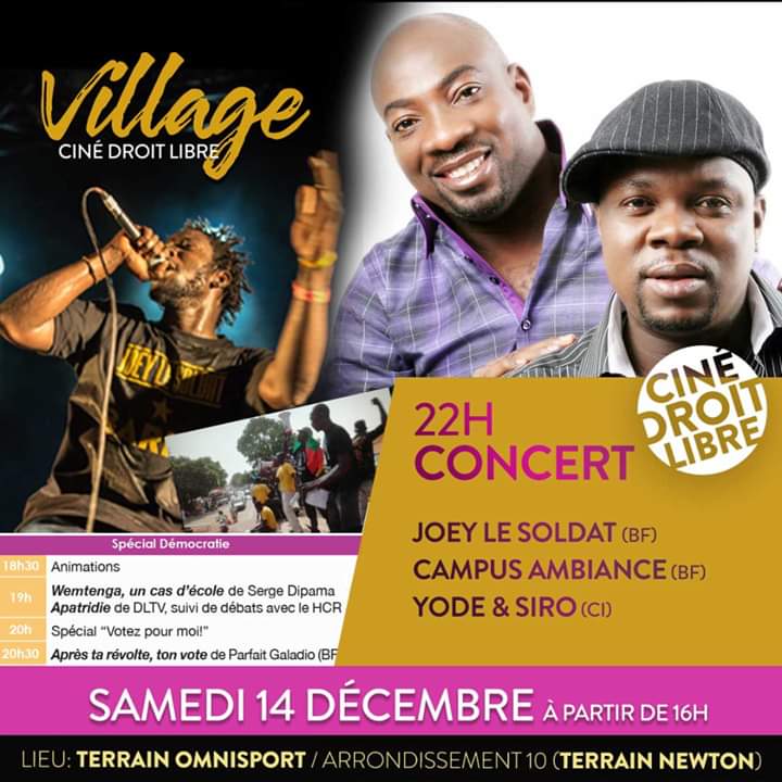 Ce soir à partir de 22H00 grand concert de clôture au #VillageDuFestival avec

🎶 Joey le Soldat

🎶 Campus ambiance

🎶 Yodé et Siro

#CDL2019 #PourquoiLaDémocratie #lwili #BurkinaFaso 🇧🇫 
#Music #MusicForDemocracy #CIV225 🇨🇮