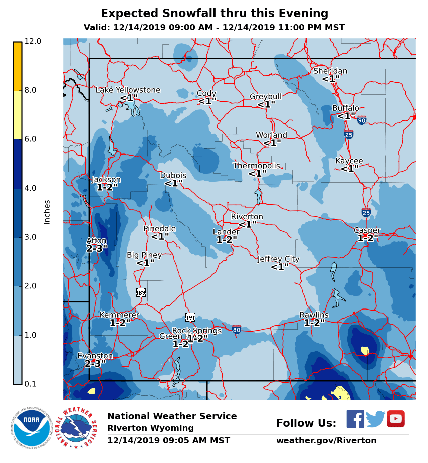 NWSRiverton's tweet photo. Light snow continues over much of western Wyoming this morning. Some snow is expected to shift east of the Divide Today. Attached images are expected additional snowfall thru this evening, and a webcam view at #Farson. #wywx #wyoroad https://t.co/yK9KOafY0o