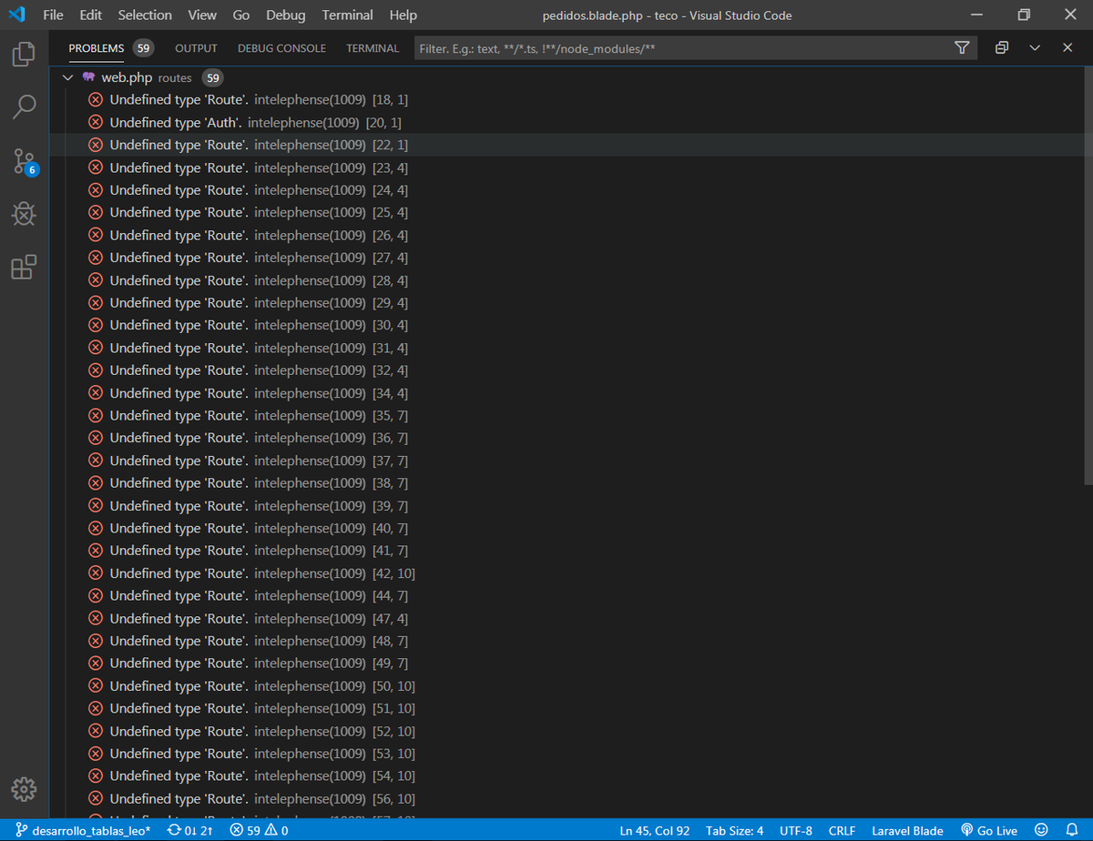 MalosPanes's tweet photo. Someone can tell me how to get rid of this error? It drives me crazy #Laravel #vscode #intelephense https://t.co/xnRm9mRuNb