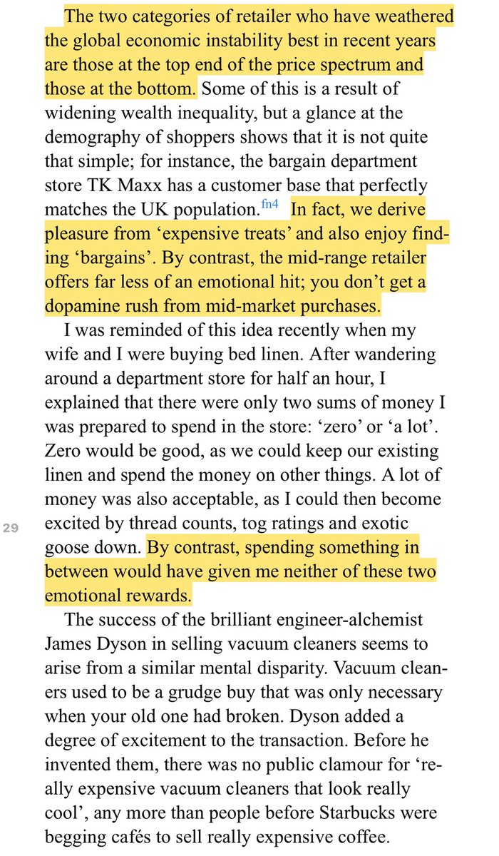 “We derive pleasure from ‘expensive treats’ and also enjoy finding ‘bargains‘. By contrast, the mid-range retailer offers far less of an emotional hit; you don’t get a dopamine rush from mid-market purchases.”