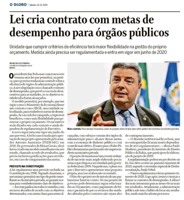 O Jornal O Globo destaca em sua edi&ccedil;&atilde;o de hoje a Lei de nossa autoria que introduz de vez o modelo gerencial<a href="/tag/otrabalhoporminascontinua"class="tags"><span>#otrabalhoporminascontinua</span></a>