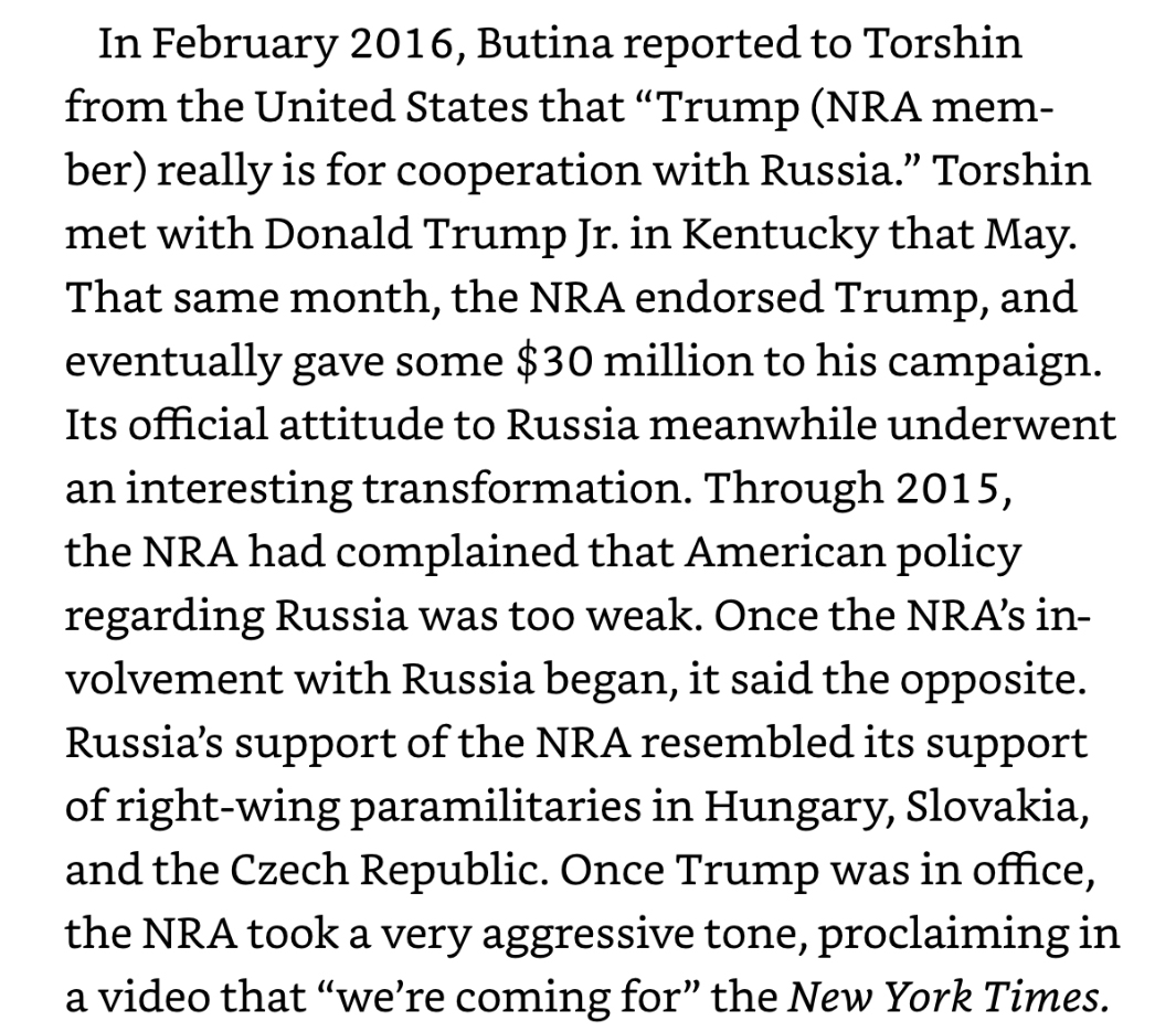 3/ In 2015, “Russian authorities were cooperating with the American gun lobby [NRA]”From pp. 250-251 (Kindle version) 
