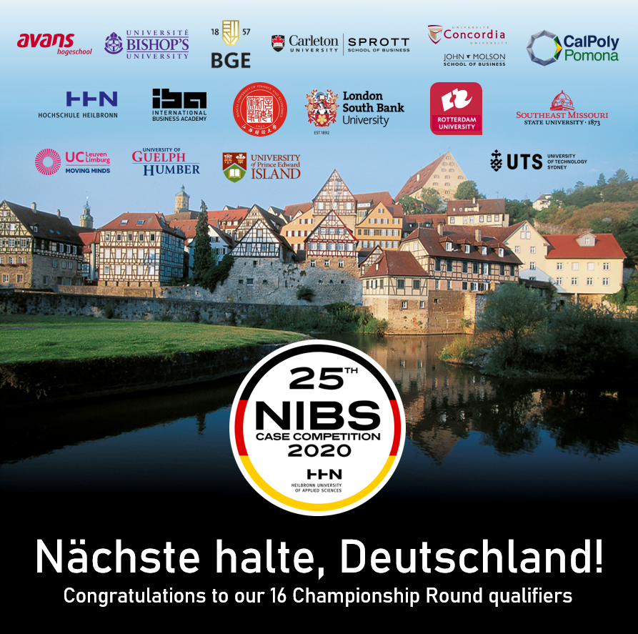 Congratulations to the 16 teams that have qualified for the Championship Round of the 25th Anniversary <a href="/NIBScase/">NIBS Case Competition</a> Competition. Wir sehen uns in Deutschland!