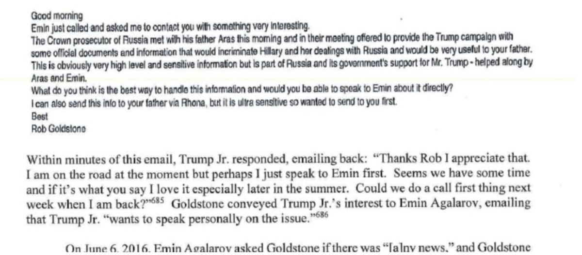 10/ Dimitri Simes and the Center for National Interest (CNI), Russian think tank had contact with Jeff Sessions and Kushner, and hosted a Foreign Policy Speech at the Mayflower Hotel. Kushner and Simes stayed in contact after the speech.(103-110)And of course, the famous email: