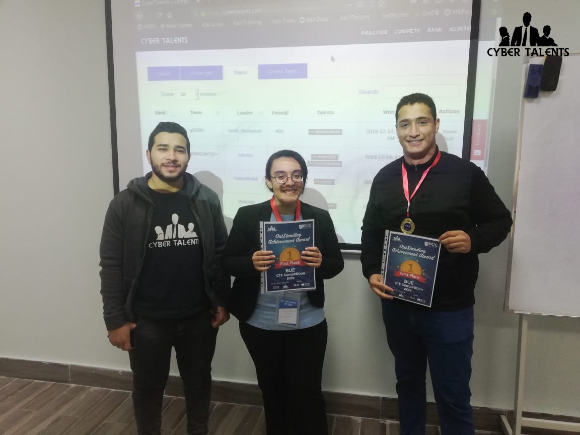 Cyber_Talents's tweet photo. Congratulations to the 1st winning team of BUE Cybersecurity CTF 2019 who will be qualified to join Egypt Universities CTF 2019.
Thanks to all the participants!
#CyberTalents #BUE #CTF #Competition #Cybersecurity #Info_Security #Egypt_Universities_CTF https://t.co/QC2cFUHEbH