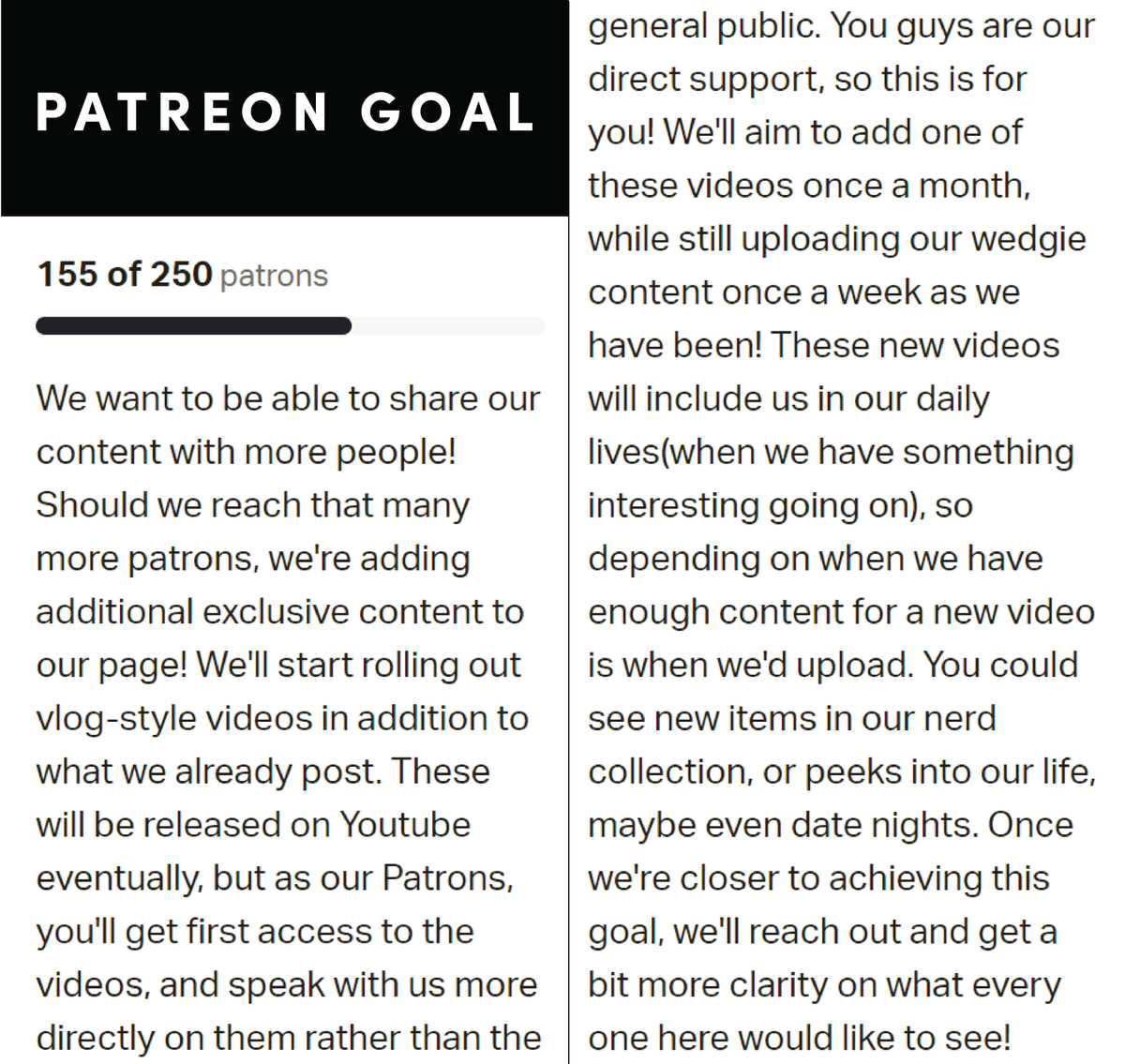 BexinAndKoti's tweet photo. We also have a goal we'd like to share! We're looking to reach 250 patrons so we can provide even more value for $10 a month! We'll start releasing vlogs of our dating life. (And our next goal at 325 patrons? We'll double the length of our Patreon videos to over 5 minutes!) https://t.co/Esn01jSRL7