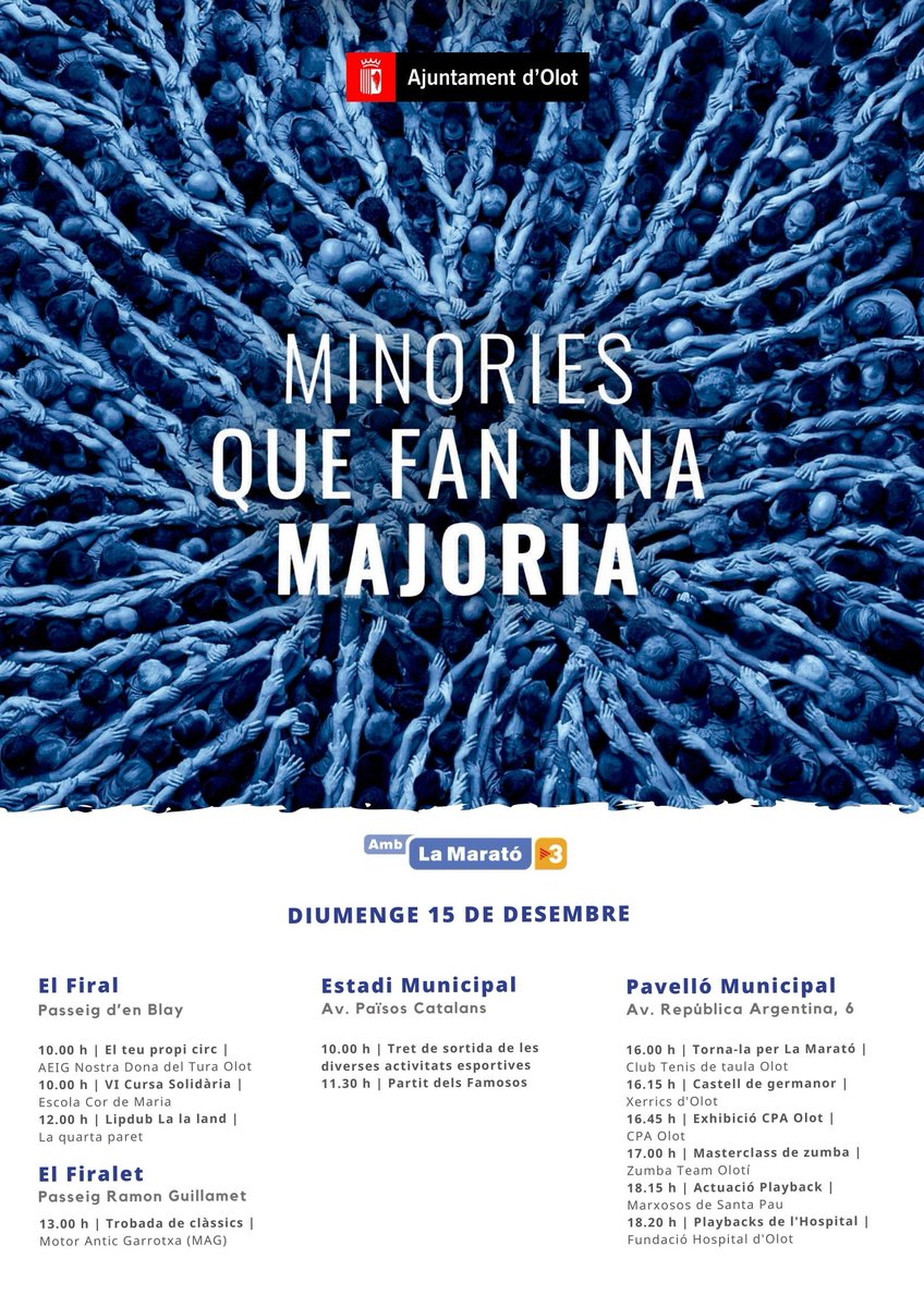 Olotuit's tweet photo. Ens preparem per viure aquest diumenge una jornada plena de #solidaritat a #Olot! Aquest any la ciutat és un dels platós de #LaMaratóTV3 i s'han preparat un munt de propostes. 
#AmbTuGuanyarem #Olot 

Consulta-les 👉 https://t.co/o4059wIpJD
