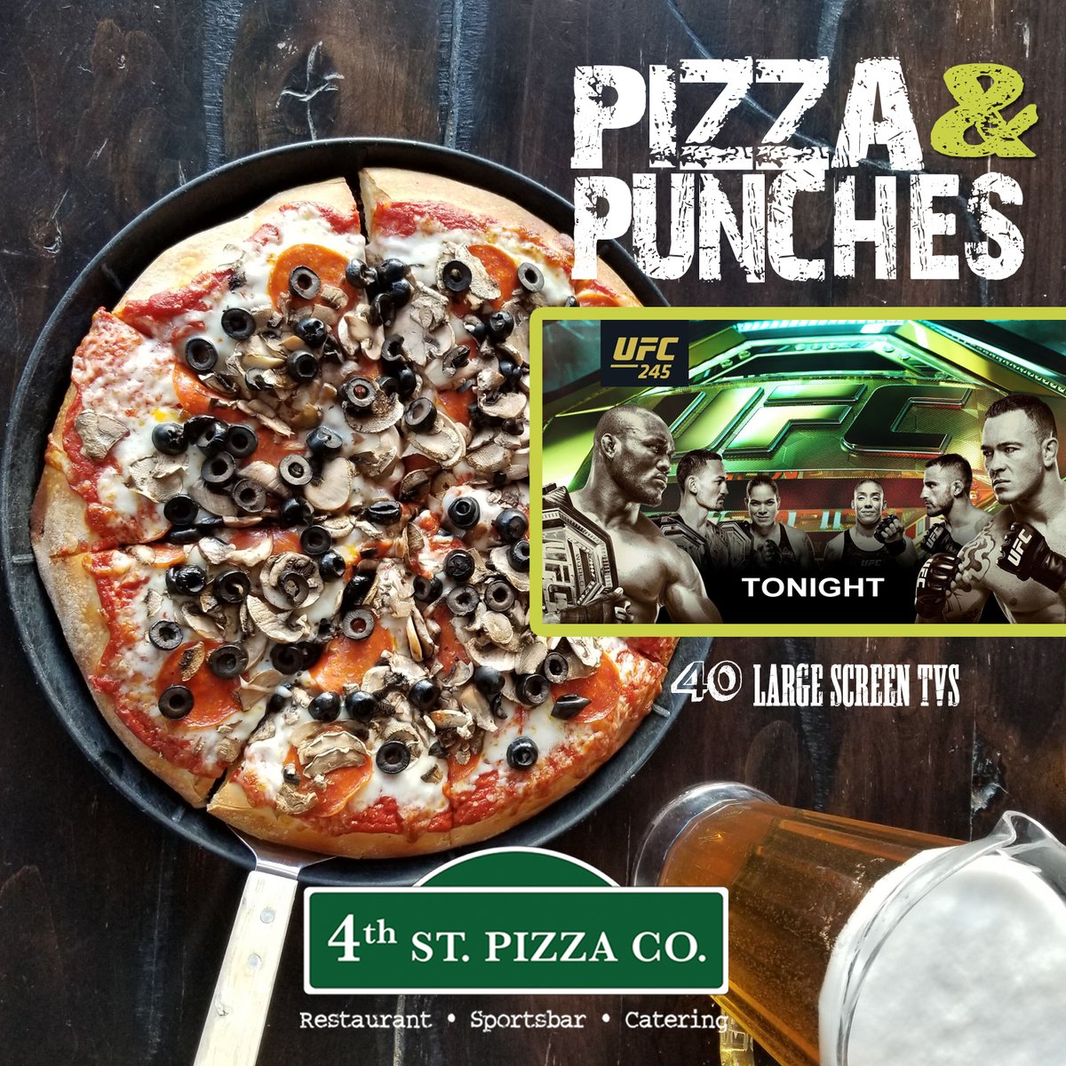 PIZZA &amp; PUNCHES
UFC 245 TONIGHT

#UFC245 #Pizza #Beers #FightNight #4thStUFC #Octagon #UsmanVSCovington #HollowayVSVolkansovski #NunesVSDeRandamie #MoraesVSAldo #YanVSFaber
#BestSportsBar #SaturdayNight #TKO&amp;IPAs