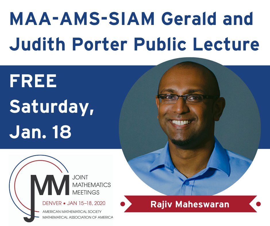 maanow's tweet photo. Join us at the @JointMath on Saturday, Jan. 18 for Mathemati-Con, a day of FREE math-filled events open to the public. Mark your calendar for the Porter Public Lecture at 3 p.m. #JMM2020 #MathematiCon https://t.co/T4LggXGaTY https://t.co/jB9j1TL4DK