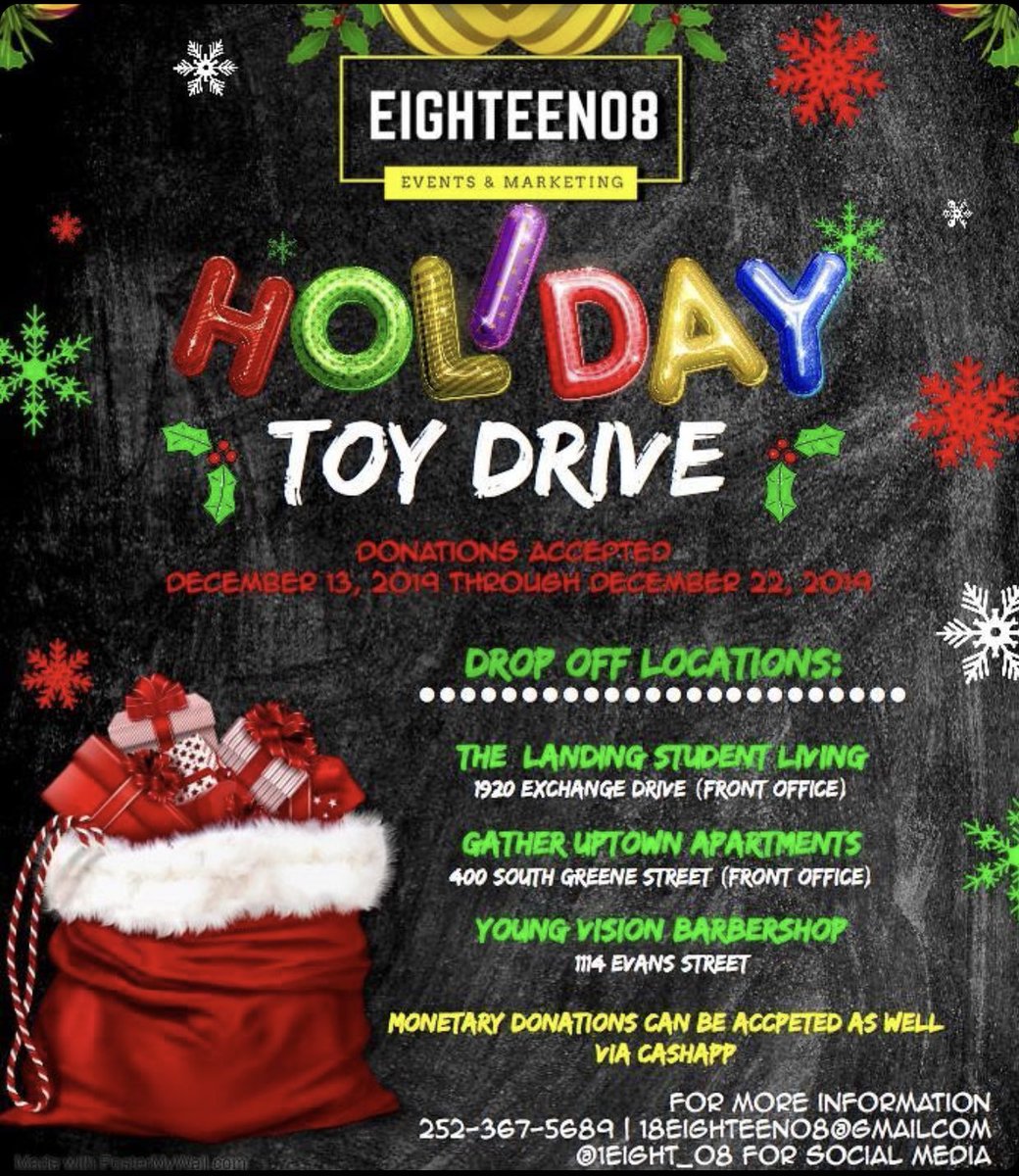 Happy Holidays From The Eighteen08 Family 🎄🎁 

Join us in a Holiday Toy Drive to support the kids in the Greenville area who need a little extra spirt this year. 

Donations Accepted Until December 22nd 🗓

3 Drop Off Locations Listed on The Flyer📍

Spread The Word❗️
