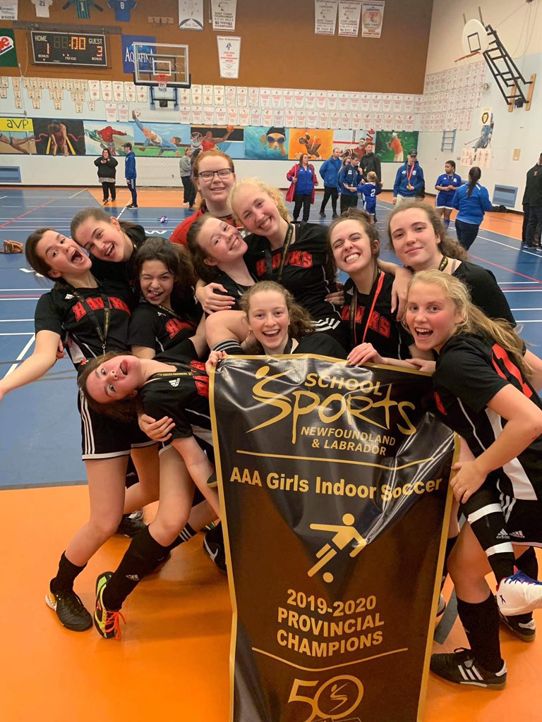 MealyMountain's tweet photo. Congratulations going out to our girls indoor soccer team and their coach Mr.Rowsell. They are bringing back another provincial banner to Mealy Mountain. Outdoor and indoor provincial champs. Way to go Hawks. #MMC https://t.co/fadrdQfukh