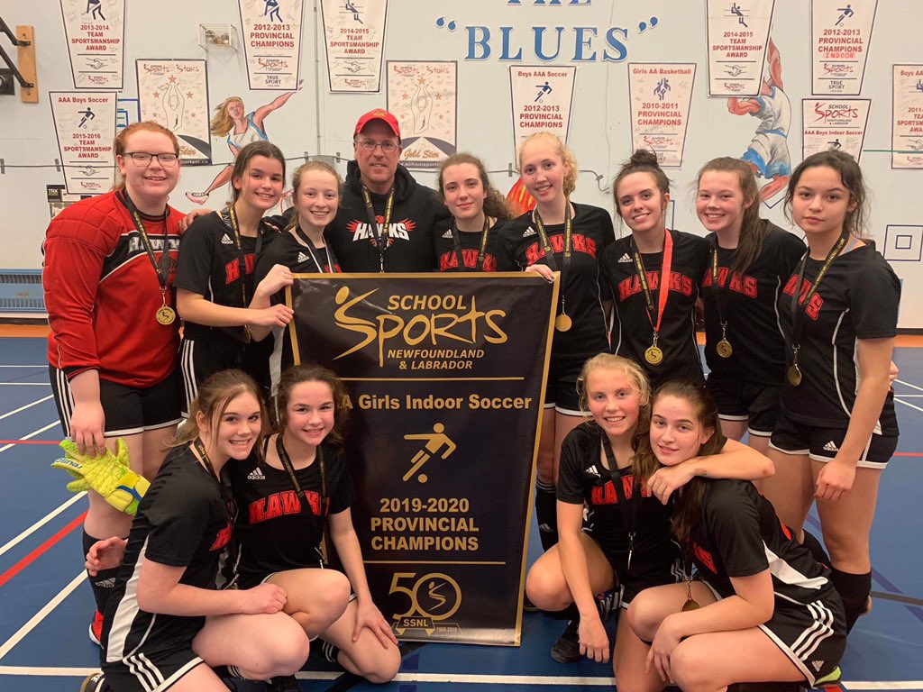 MealyMountain's tweet photo. Congratulations going out to our girls indoor soccer team and their coach Mr.Rowsell. They are bringing back another provincial banner to Mealy Mountain. Outdoor and indoor provincial champs. Way to go Hawks. #MMC https://t.co/fadrdQfukh