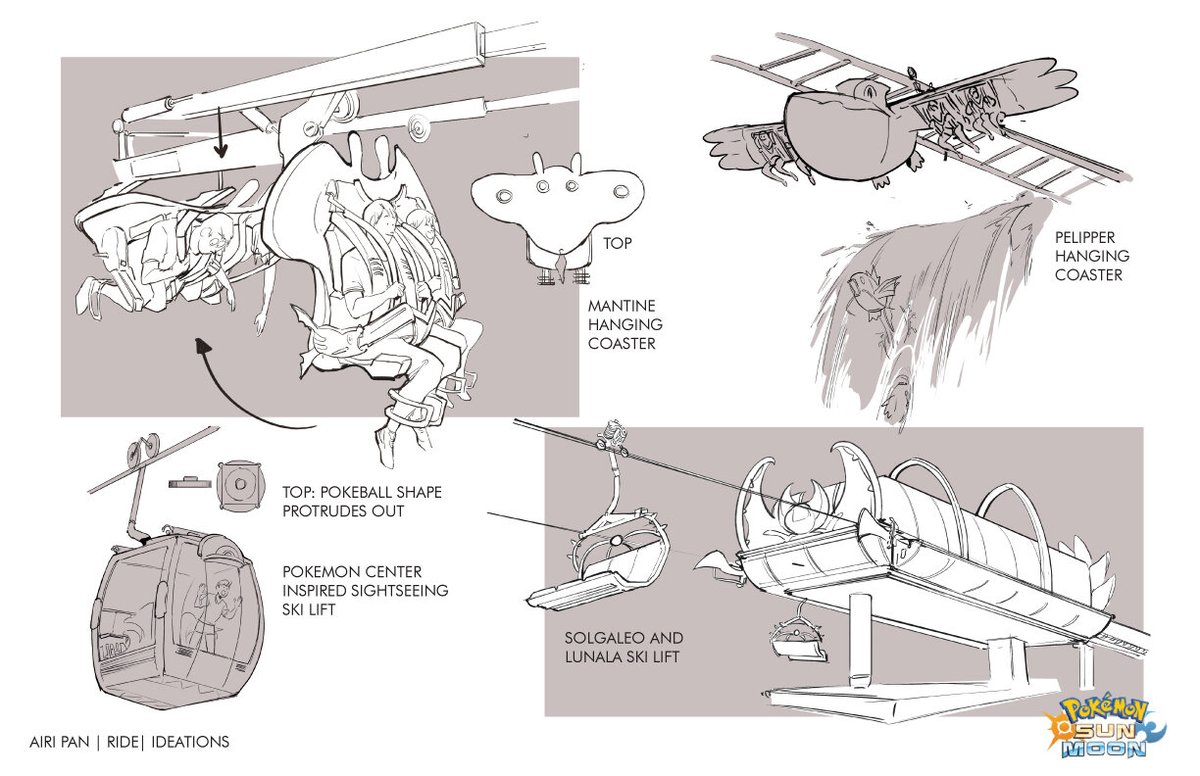 Alola Theme Park Project! Can't be a theme park without the rides!!! I imagine a Wingull coaster where you are parallel to the wing so that you are soaring through the sky through a bird's eye view. I also included some early designs/visions! 