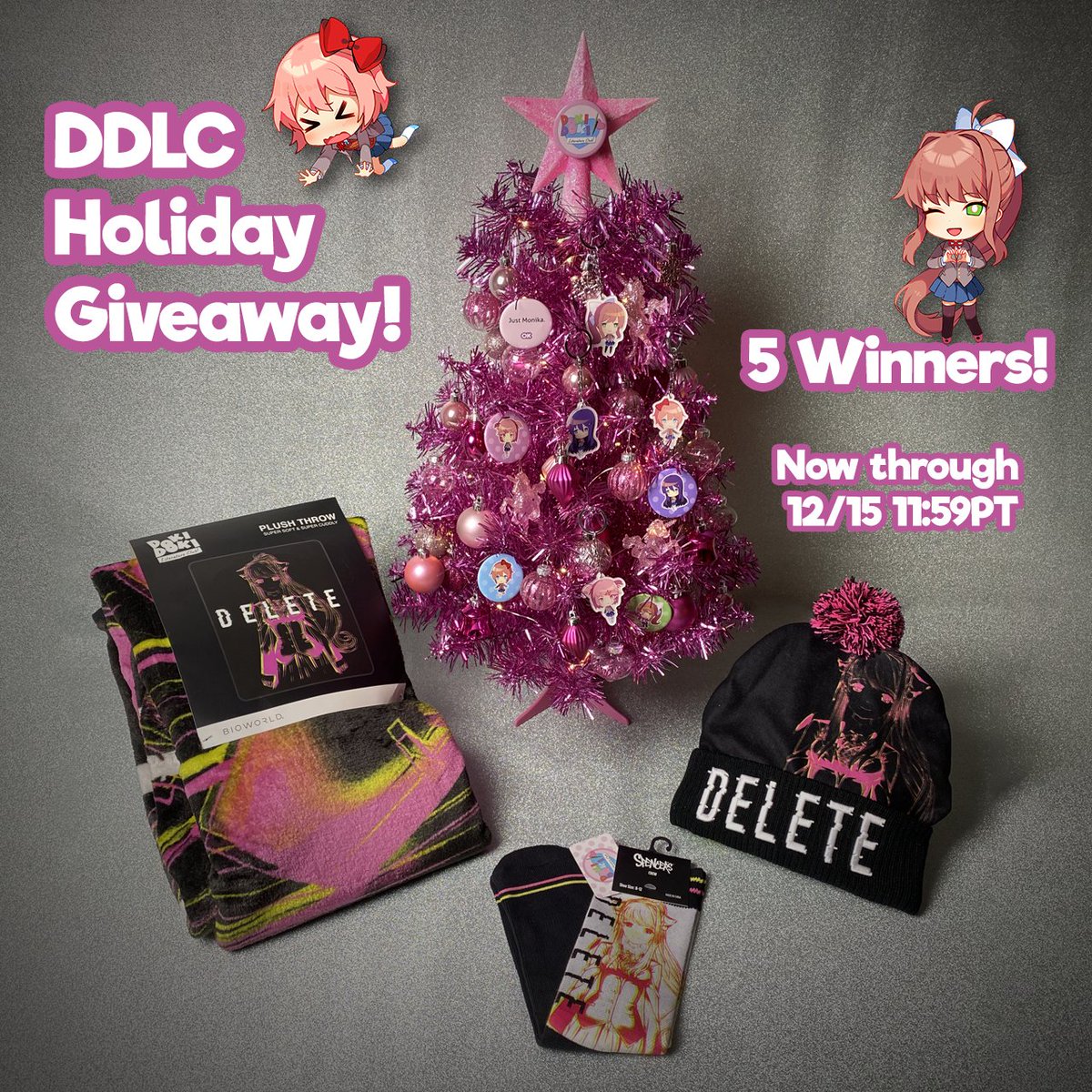 RT and follow to enter our #DDLC holiday giveaway! 5 randomly-selected winners will receive <a href="/Spencers/">Spencer's</a> brand DDLC apparel to keep you warm this winter season, plus goodies from ddlcstore.com!

Ends 12/15 11:59pm PT.
Contest Rules: tl.gd/n_1sr3dgn