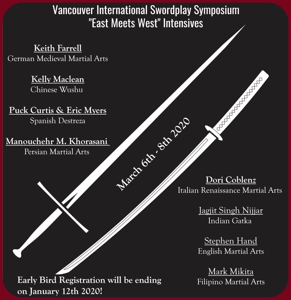 VanSwordplay's tweet image. The intensive tracks for VISS 2020 are here! We have some of the world’s leading instructors of Eastern and Western martial arts offering their expertise in 3-day comparative intensive tracks! 
vancouverswordplay.com 
Early Bird Registration ends on January 12th 2020! 
#VISS2020