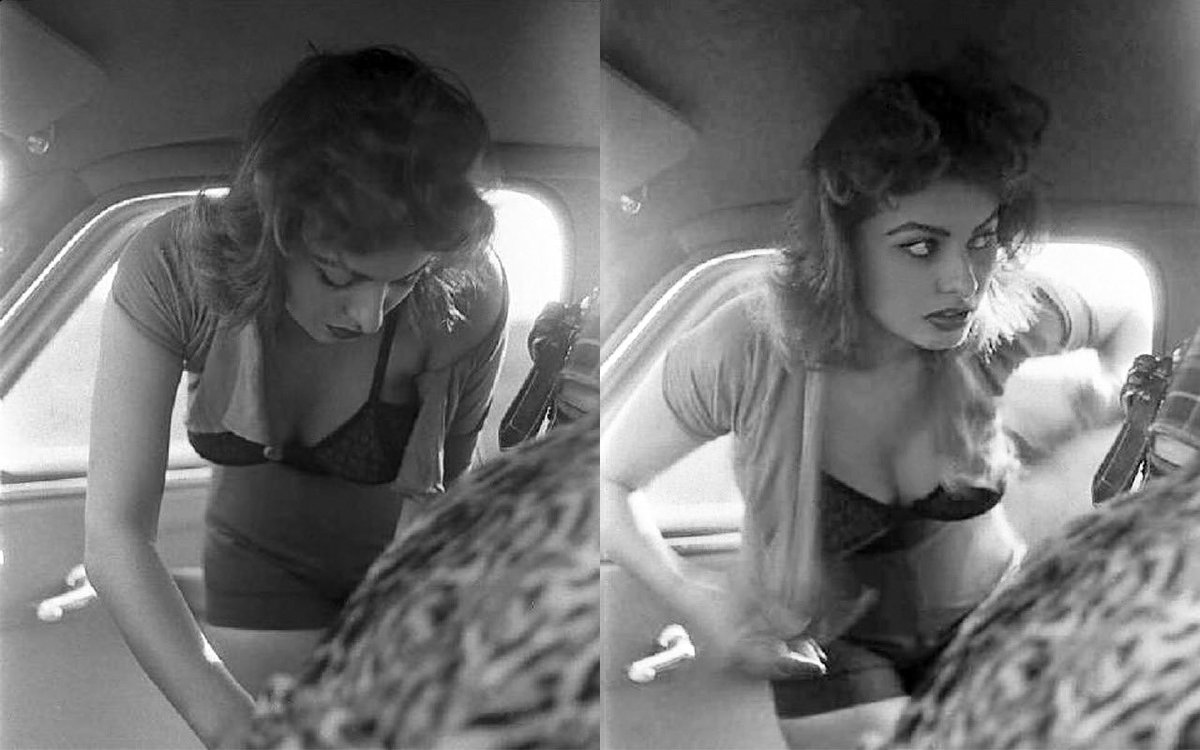 Sophia Loren / changing clothes in a car outside Rome, 1955 / photos by Fed...