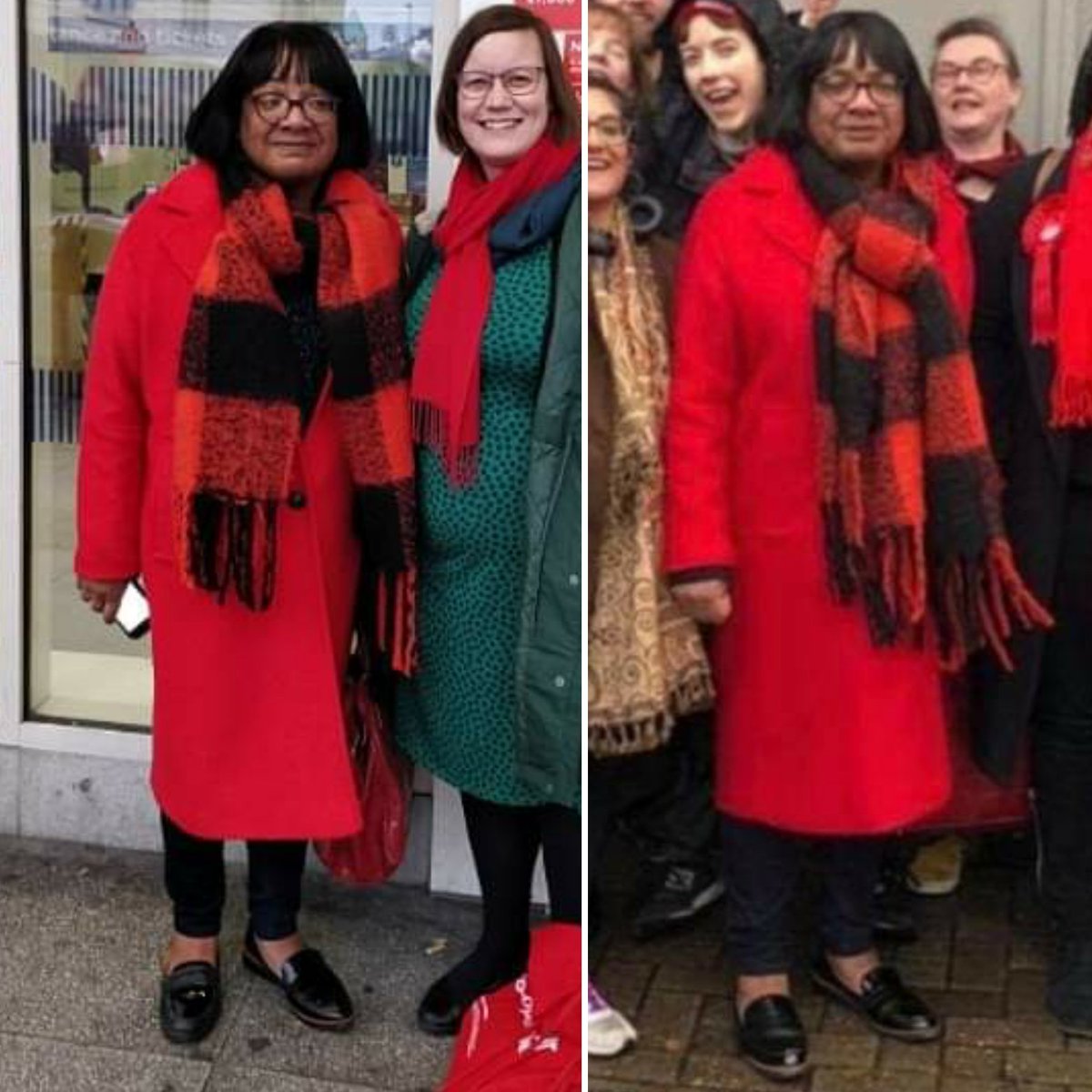 hollandnigel's tweet image. Anyone that thinks that the @HackneyAbbott #TwoLeftShoes picture is photoshopped, 
There are so many things different in the photos...
Fringe, Glasses shape, facial expression, scarf knot, phone in hand, scarf position, body position, feet angle, and the pavement slabs!