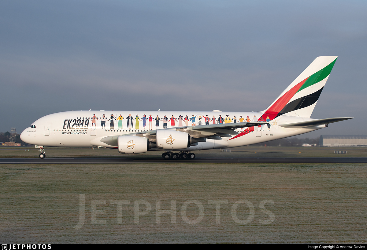 Emirates special #YearOfTolerance livery A380 in Manchester. jetphotos.com/photo/9541157 © Andrew Davies