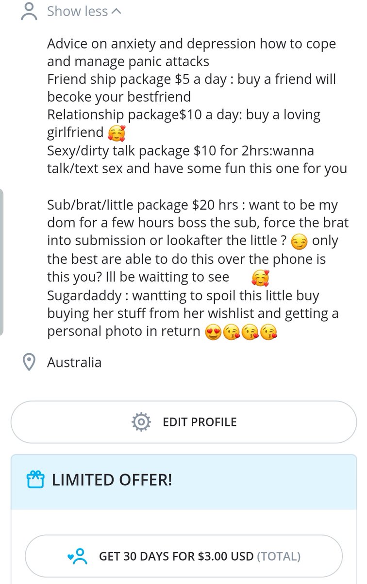 What's on offer on my onlyfans page see anything you like 😏 first 10 subs only $3 for 30 days of content lots of sexy Christmas outfits coming sugar daddy's get personalised photos of new outfits buy me stuff off my wishlist or $30 for a personalised photo  #bdsm #sub #onlyfans