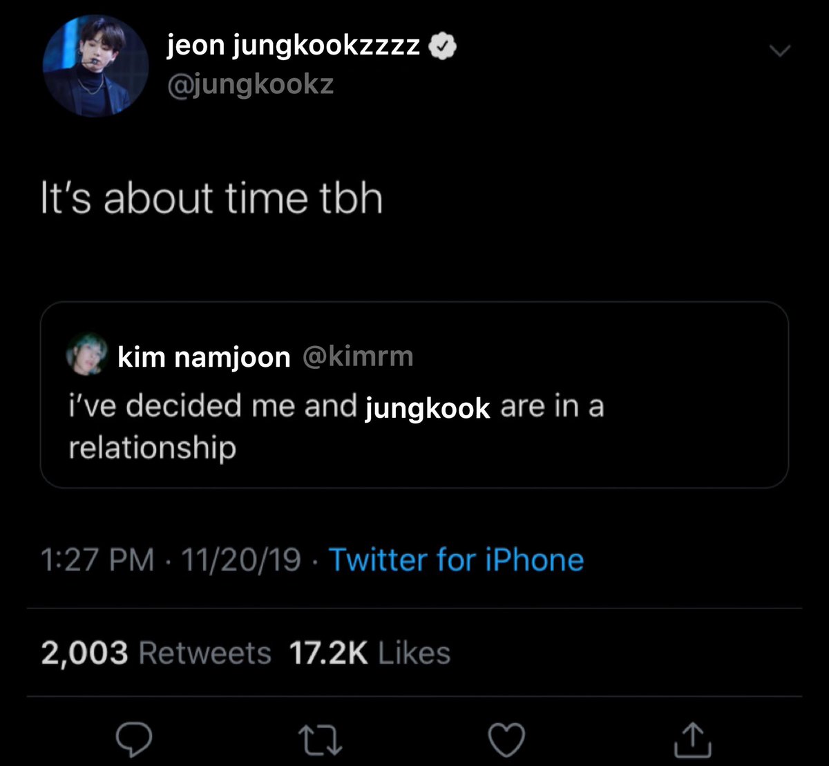 Not Jungkook I Swear Namkook Au Namjoon Jokingly Tweets Out Saying Him And World Famous Idol Jeon Jungkook Are Officially In A Relationship Jungkook Quotes The Tweet And Then Proceeds