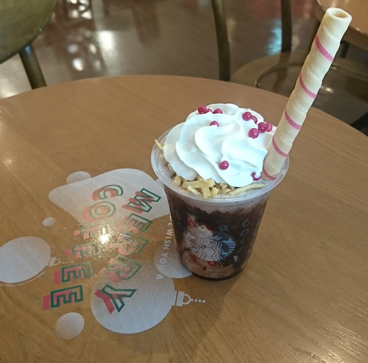 ふらうさミニチュア スタバのクリスマスのフラペチーノ可愛い ストローがお菓子 割れた時用に 普通のストローもつけてくれたよ 親切