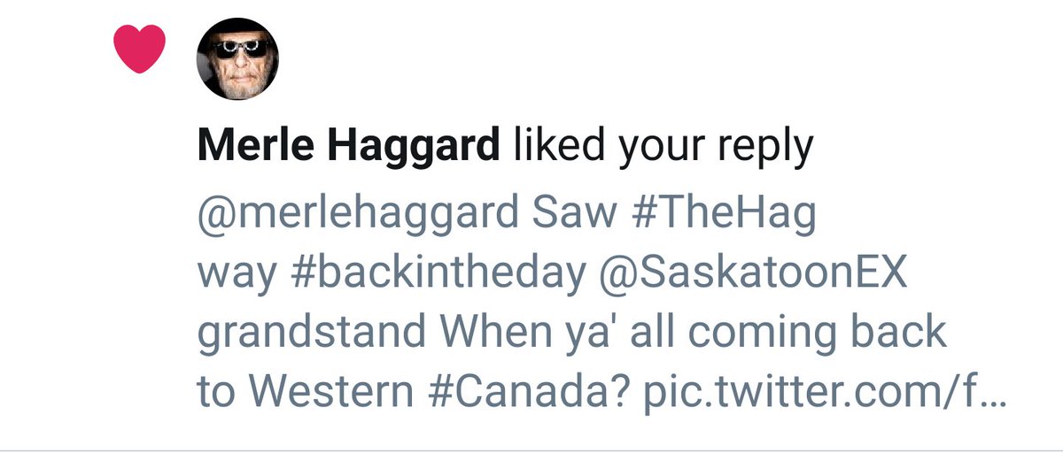 Big_G_09's tweet photo. My life has basically been made 😃 Got a like ♥️ from the @merlehaggard #countrymusic #legend #RIPHag #OkieFromMuskogee #Respect #BullsClub 🐂 🇨🇦 https://t.co/lB6RQhaoNy