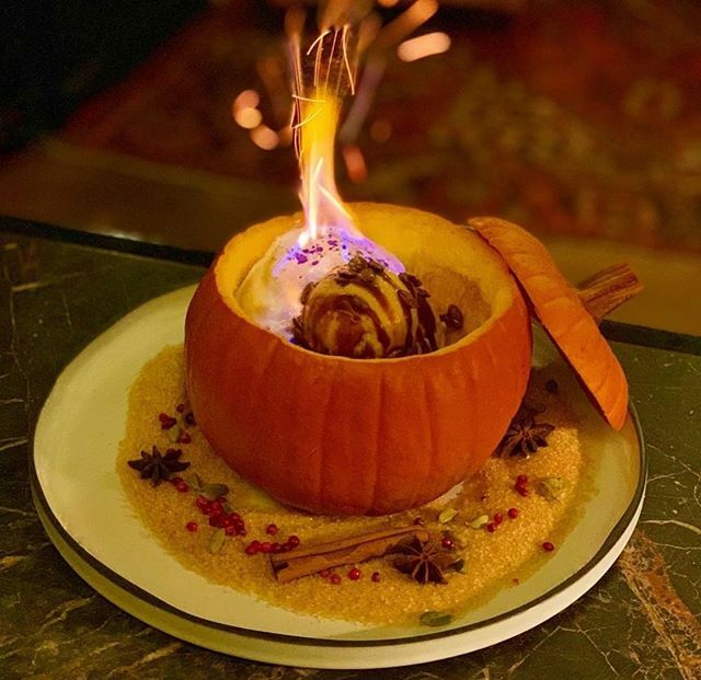 Pumpkin Affogato, spiced pumpkin gelato, candied pumpkin seeds, espresso #dessert #pumpkin #locandaverde