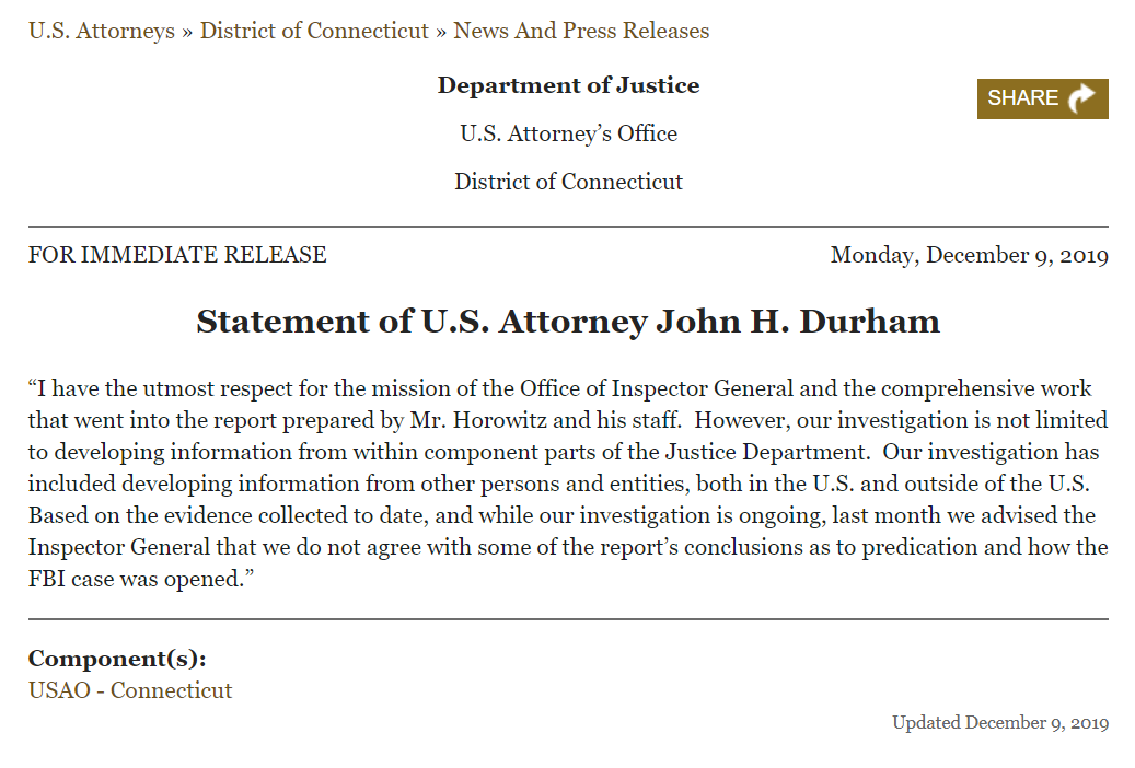 23) Durham's statement.  https://www.justice.gov/usao-ct/pr/statement-us-attorney-john-h-durham