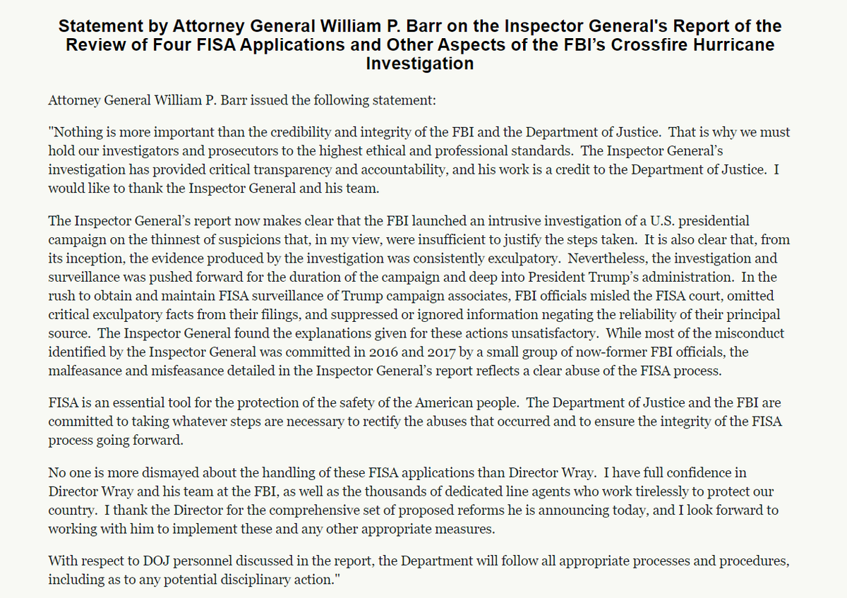 21) Barr's statement.  https://www.justice.gov/opa/pr/statement-attorney-general-william-p-barr-inspector-generals-report-review-four-fisa