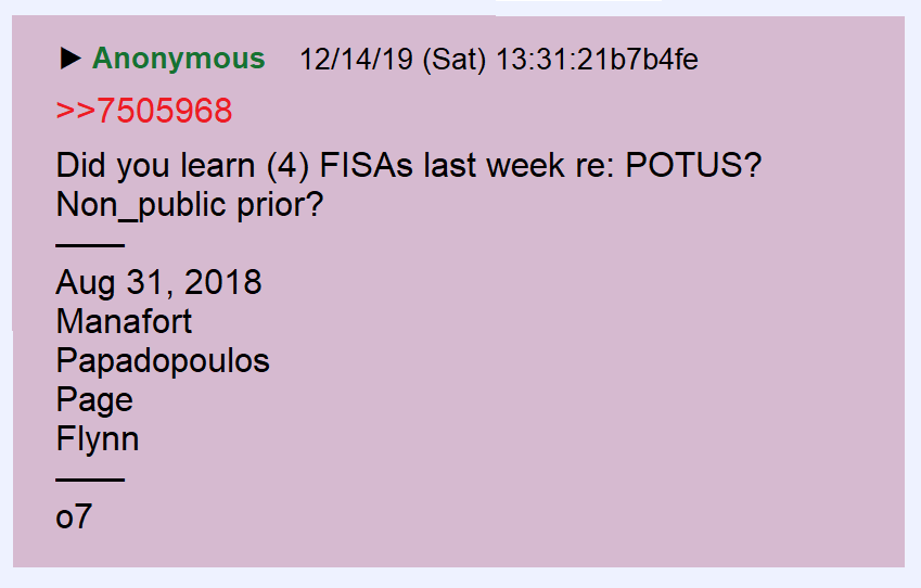 31) In addition to the 4 FISAs on Carter Page, we're still waiting for information on FISAs against Paul Manafort, General Flynn and George Papadopoulos. ( I believe that will come as Barr declassifies  #Spygate documents.)