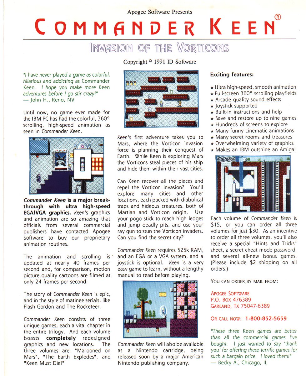 Happy 29th Birthday, Commander Keen! When I talk about Keen during presentations, I mention how it took us less than 3 months to make Keen 1-3. That's pretty fast. Esp for a game that did so much for PCs. It was an honor to work at w/John, <a href="/ThatTomHall/">• 𝚝𝚑𝚊𝚝 𝚝𝚘𝚖 𝚑𝚊𝚕𝚕 •</a>  &amp; Adrian. Here's a flyer.