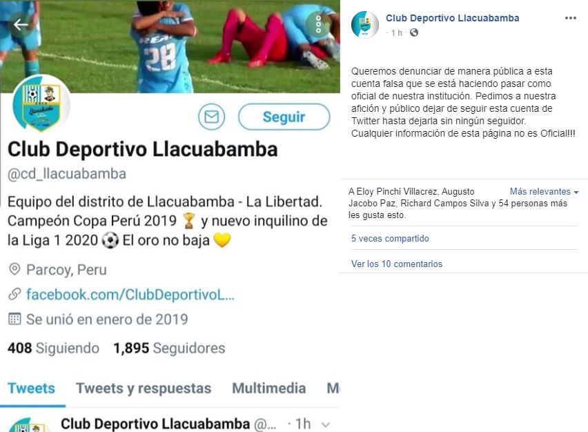 CDLlacuabamba's tweet photo. Estimados usuarios es importante precisar que el perfil 
@cd_llacuabamba
 no tiene vinculación alguna con el #DeportivoLlacuabamba y su único medio oficial es la página de Facebook (https://t.co/BfP8lmk78M), tal como consta en el siguiente comunicado. (https://t.co/MR0bkthbWo) https://t.co/UTZueH8hPa