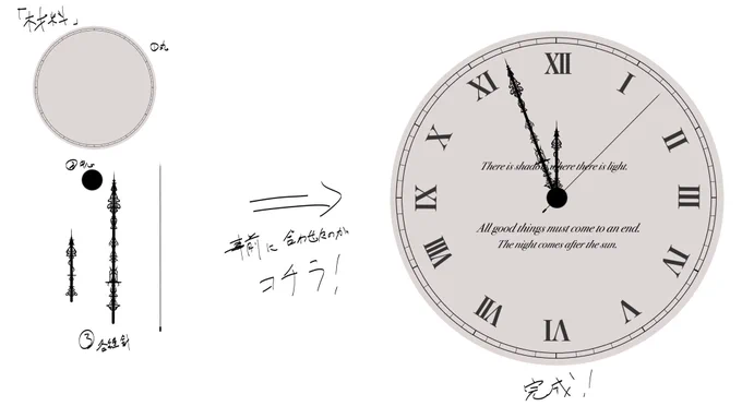 『時計メイキング』
こないだの絵で描いた時計の簡単なメイキングです。
九九でいう4の段くらいの簡単さだと思います。 