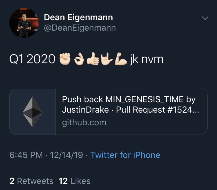 Update:  https://twitter.com/DeanEigenmann/status/1205997270606458880?s=19