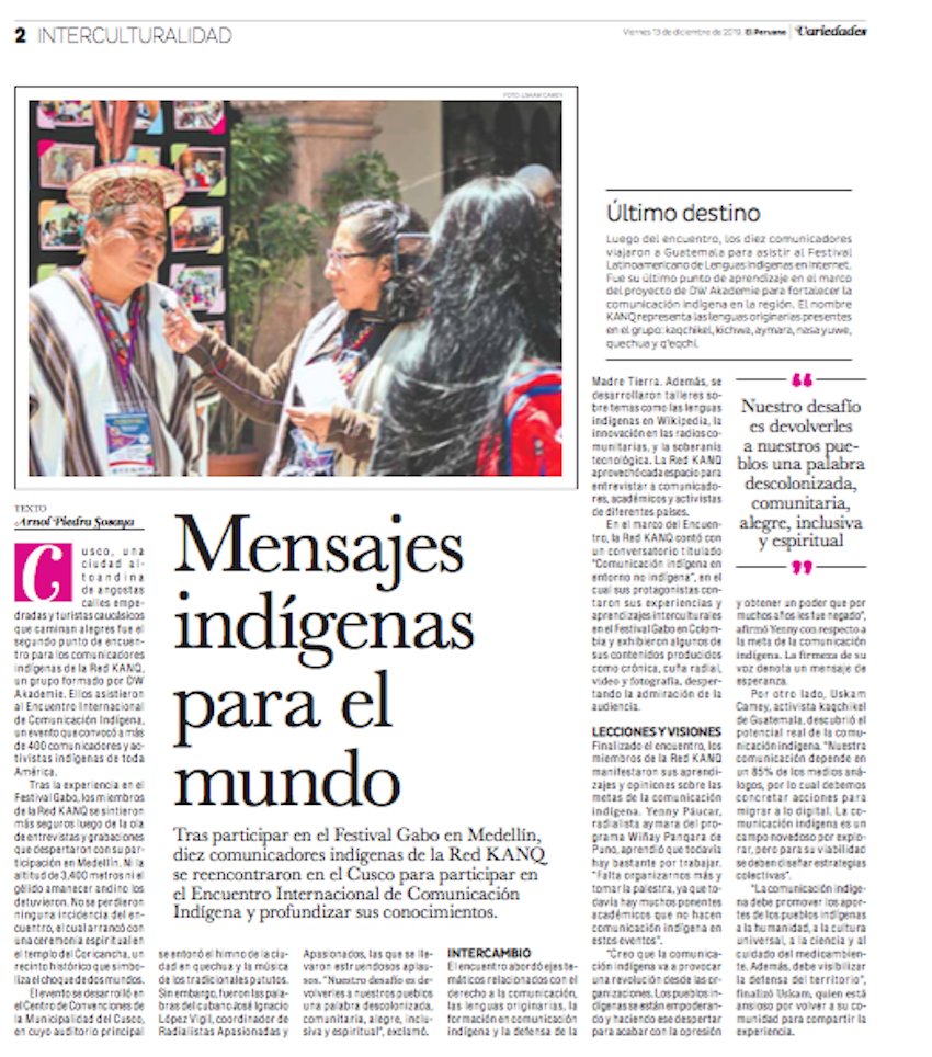 Alterego0912's tweet photo. Mi última crónica del 2019 en Variedades del @DiarioElPeruano es sobre la importancia de la #ComunicaciónIndígena a raíz de un encuentro en #Cusco 🇵🇪. Pueden descargar la revista (edición 613) en el siguiente enlace: https://t.co/toNMHvtuFV #RedKANQ https://t.co/Ud0DT2xr5m