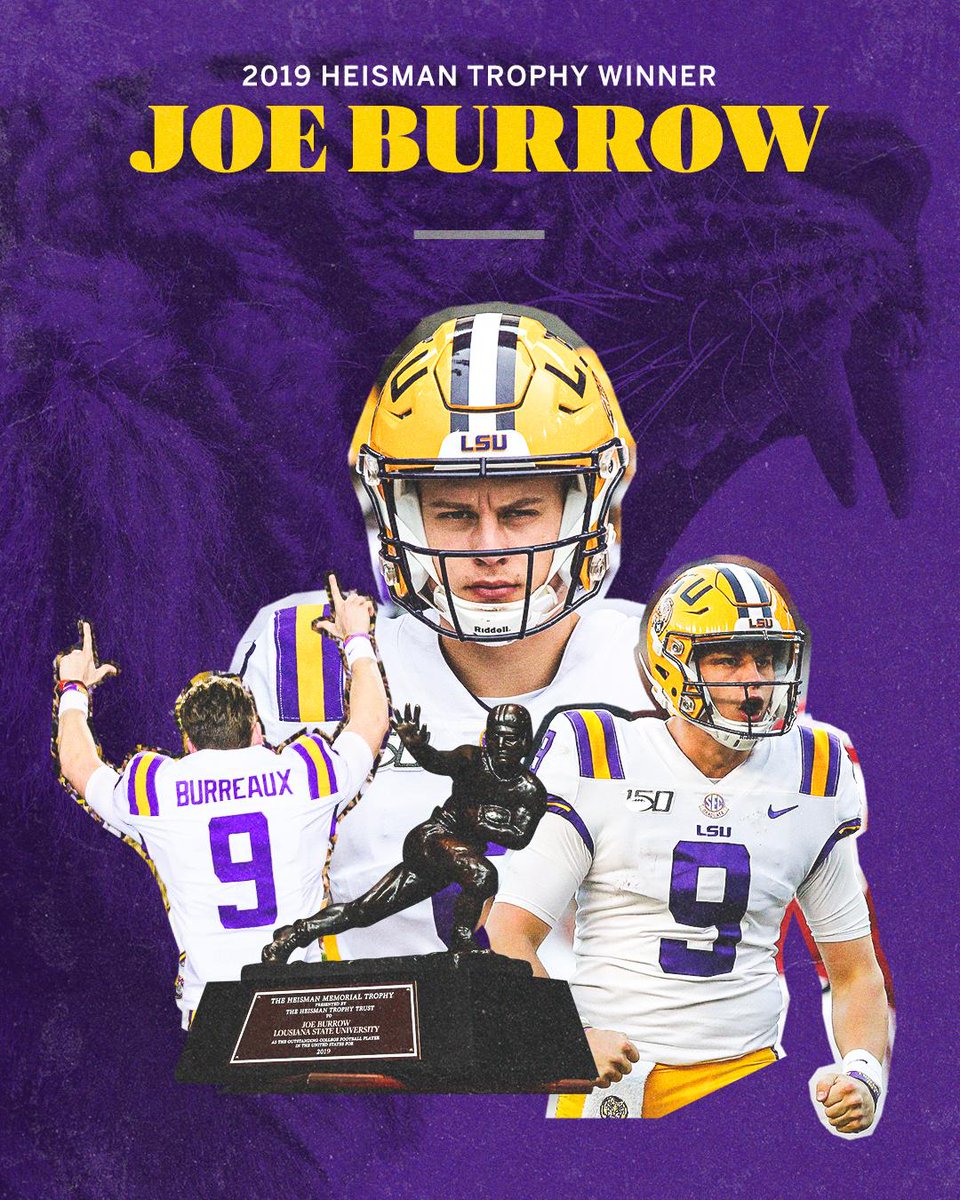SECNetwork's tweet photo. Joe Burrow is your 2019 Heisman Trophy winner!

Burrow is the 2nd Heisman winner in @LSUfootball history. https://t.co/NKnHjO9MHu