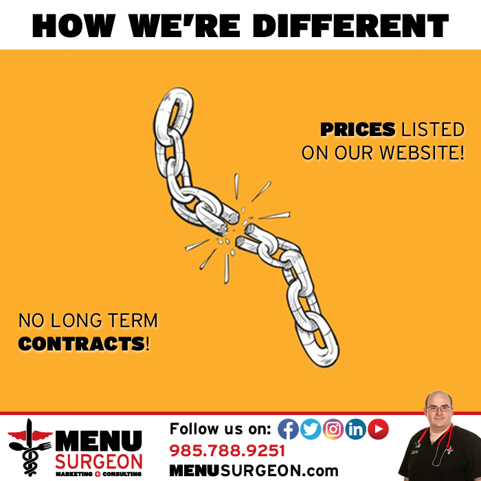 MenuSurgeon's tweet photo. #MenuSurgeon #Marketing is different from other agencies. Our prices are listed on our website - no need to "call for a quote." And there are no LONG TERM CONTRACTS for our monthly services, because nobody likes being locked up. #BeFree #SocialMedia #FoodPics #TheDoctorIsIn https://t.co/TCE5pwQAXa