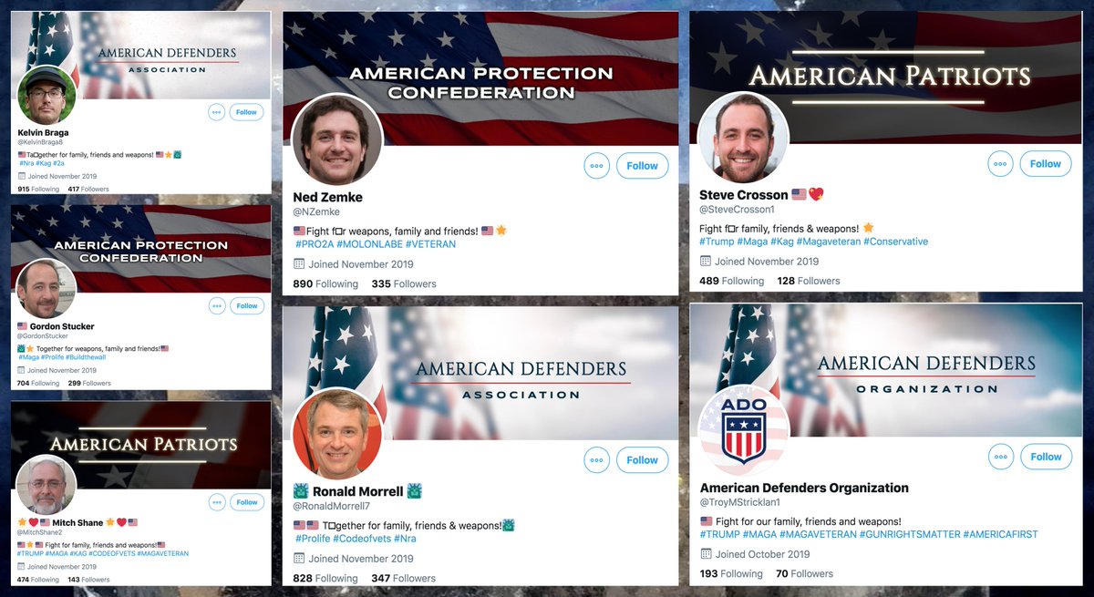 Meet  @GordonStucker,  @KelvinBraga8,  @MitchShane2,  @NZemke,  @RonaldMorrell7,  @SteveCrosson1, and  @TroyMStricklan1, all of whom recently joined Twitter to fight for family, friends, and weapons.(The organizations in their header images don't appear to exist.)cc:  @ZellaQuixote