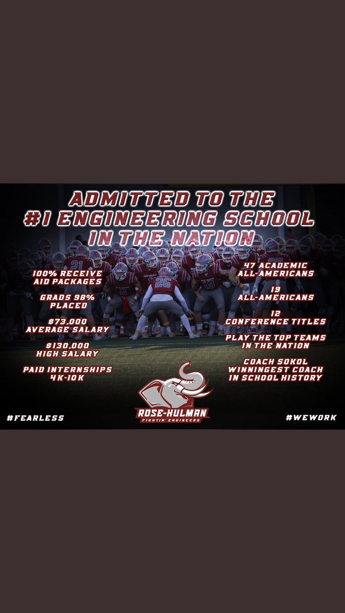 AidenS53's tweet photo. Excited to receive my acceptance letter &amp; verbally committed to playing football at RHIT today!!  Thank you to everyone that supported me.  Thank you @CoachSokolRHIT @Coach_Stanton1 @Spread_Defense @rhitsports @RoseHulman @Coach_Lantz @nikinic23 #WeWork #Class2020 #Engineering https://t.co/c72OBiaMes