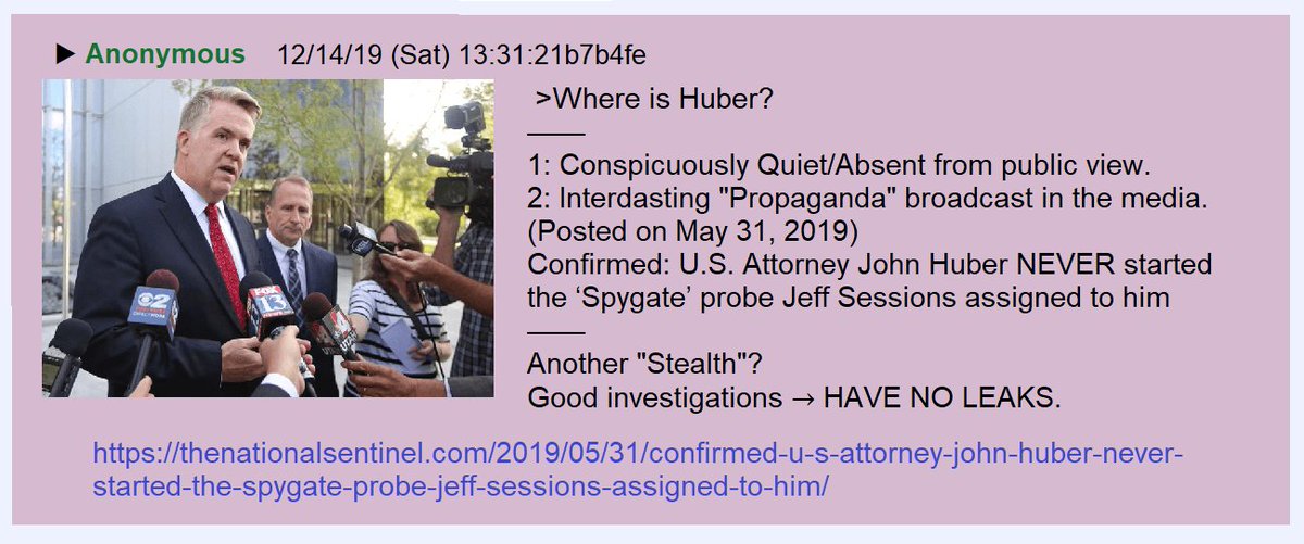 45) Huber has been quiet enough that many people believe his investigation never started.  https://thenationalsentinel.com/2019/05/31/confirmed-u-s-attorney-john-huber-never-started-the-spygate-probe-jeff-sessions-assigned-to-him/