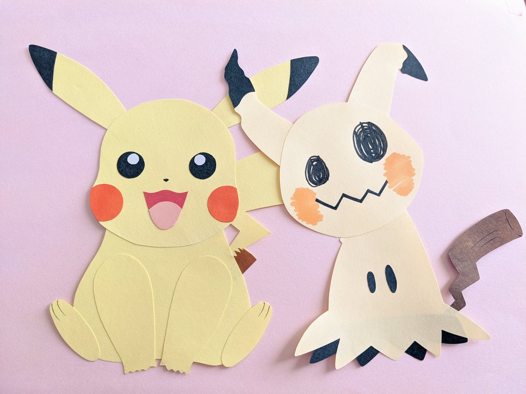 mimikyu ,pikachu pokemon (creature) no humans smile open mouth :d sitting looking at viewer  illustration images
