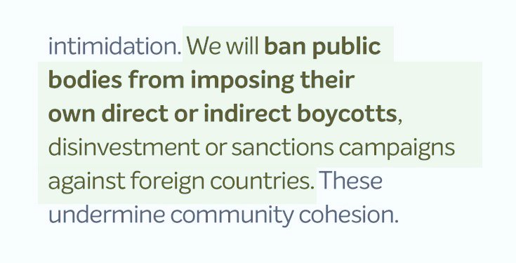 Tory party manifesto promise: #BDS banned from public bodies includes universities.