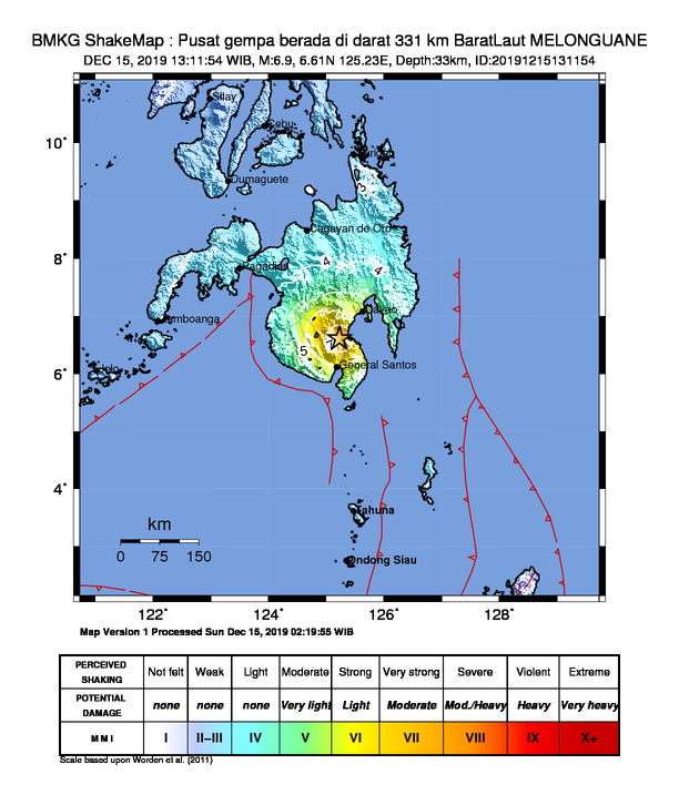 #Gempa Mag:6.9, 15-Des-19 13:11:54 WIB, Lok:6.61 LU, 125.23 BT (Pusat gempa berada di darat 331 km BaratLaut MELONGUANE), Kedlmn:33 Km Dirasakan (MMI) II-III Sangihe #BMKG
