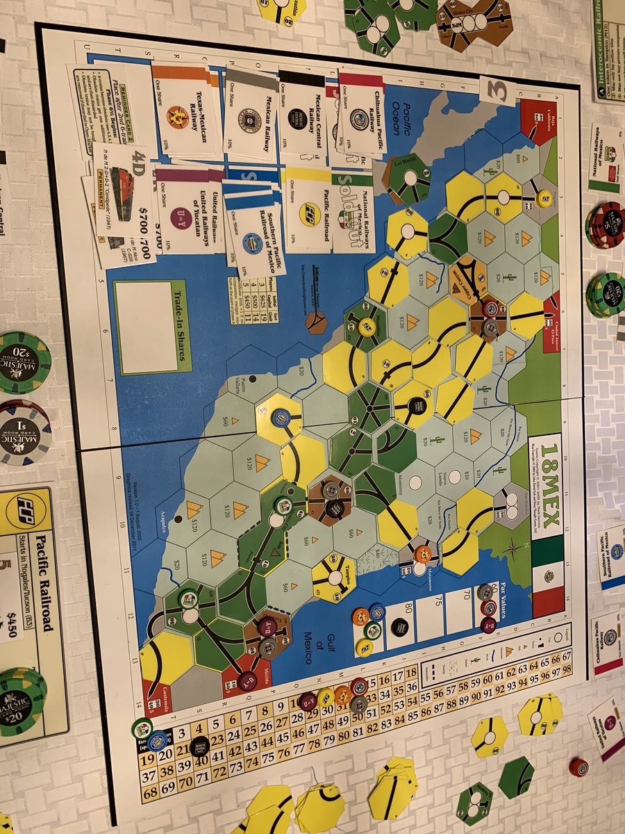 asha_soares's tweet photo. A very merry #18xxmas indeed with lovely #18mex ending in bankruptcy in ~2hours just after 4Ds came out. #18gta #boardgames #18xx https://t.co/jQzrm86Qmw