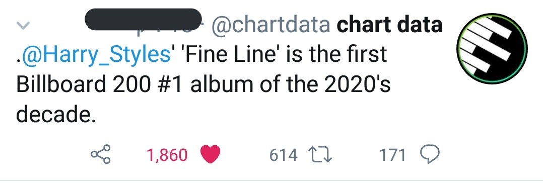 "Fine Line" by harry styles spends SECOND week at #1 on Billboard200 chart. Fine Line is the first #1 album of the 2020 decade.