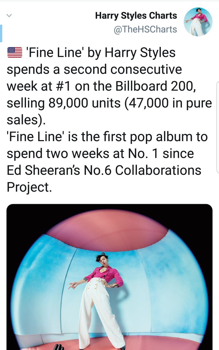 "Fine Line" by harry styles spends SECOND week at #1 on Billboard200 chart. Fine Line is the first #1 album of the 2020 decade.