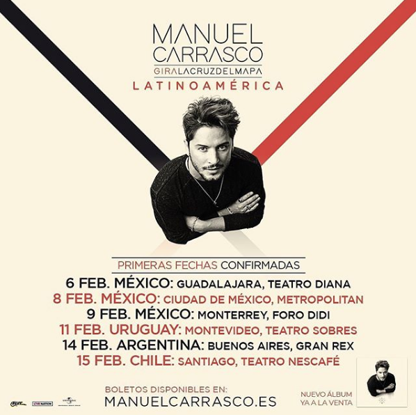 TuMedio's tweet photo. Manuel Carrasco (@manuelcarrasco_) anuncia las primeras fechas para su #giralacruzdelmapa en Latinoamérica !! 

El cantante pasara por nuestro país el próximo 15 de Febrero en el Teatro Nescafé 

#ManuelCarrasco https://t.co/IcVCnlTLv6