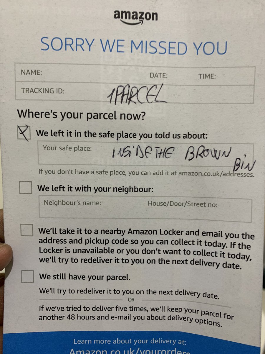 Suresh_Nallan's tweet photo. Innovation in delivery @AmazonUK. Parcel left in Brown bin... it was my daughters school bag and certainly she wasn’t impressed #CustomerExperience #AmazonPrime https://t.co/IcUhD2radT