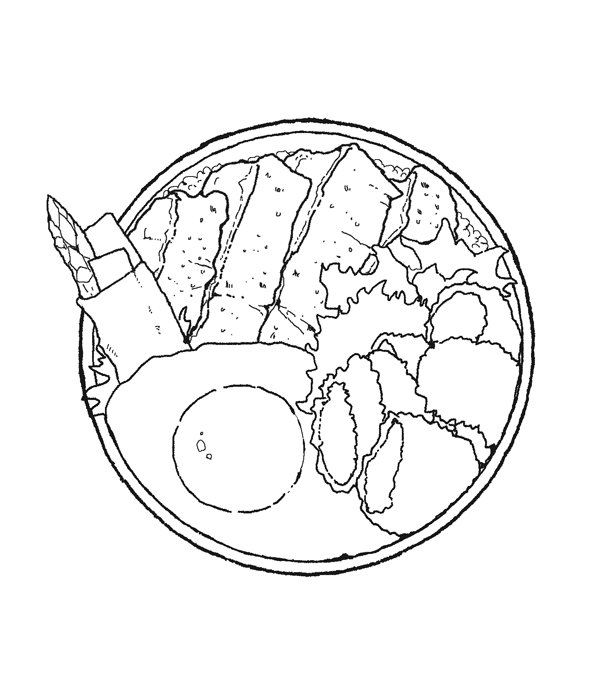 Kamo 食べ物 動物ｲﾗｽﾄ 鶏の照焼きやフライ等の丸型お弁当と オムライスの三角お弁当の線画 T Co H9ecsowi52 Twitter