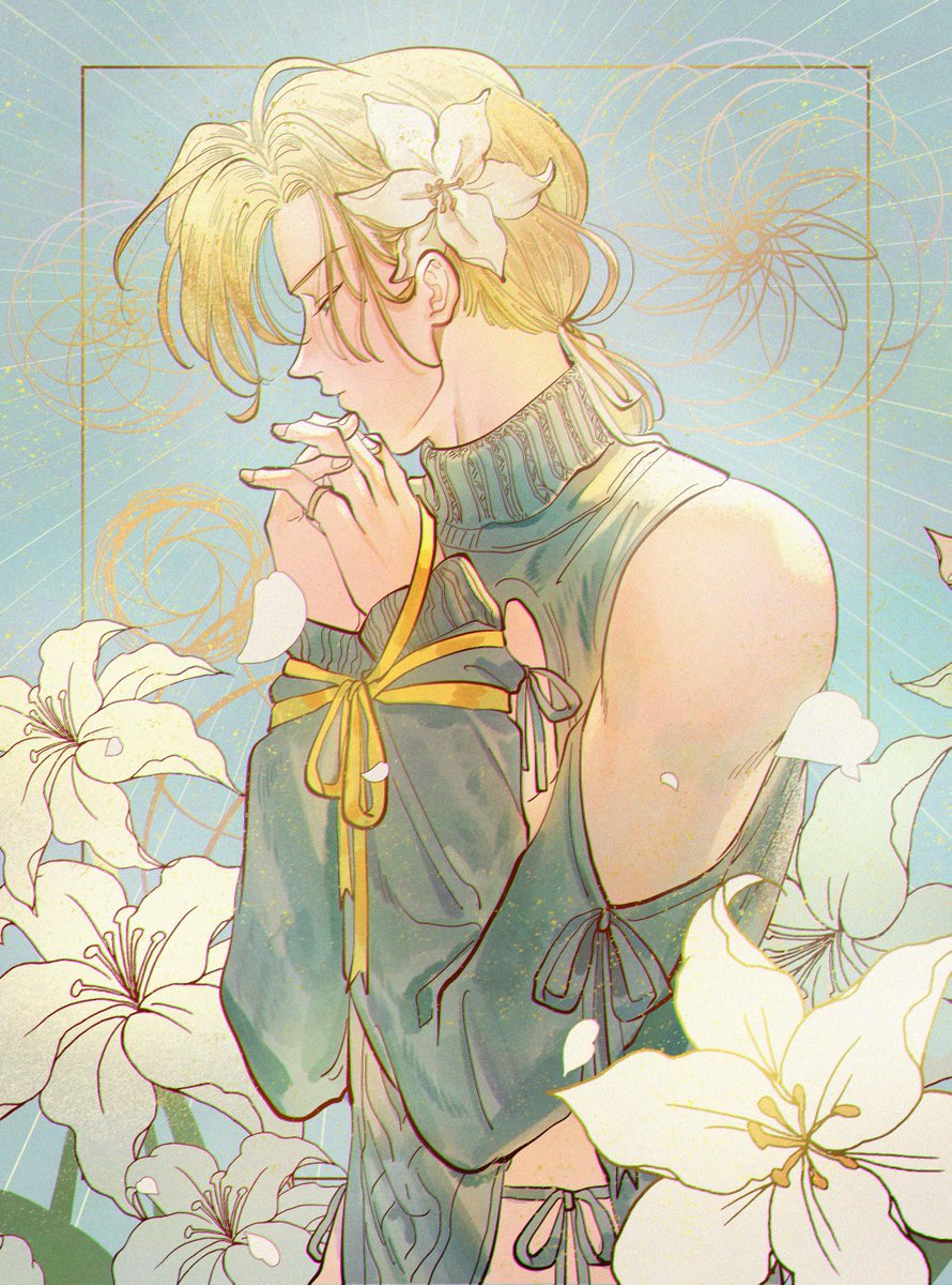 flower lily (flower) male focus blonde hair 1boy solo closed eyes  illustration images